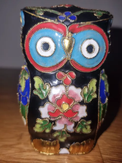 Vintage Bright Coloured Cloisonne Double Sided Owl Figurine Collectible.