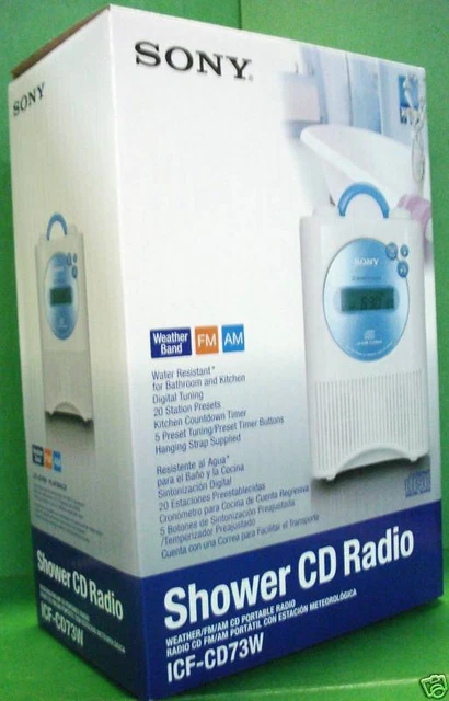 Sony ICFS79W AM/FM/Weather Band Digital Shower Radio – Splash-Resistant, 20 Presets, Hanging Strap, White
