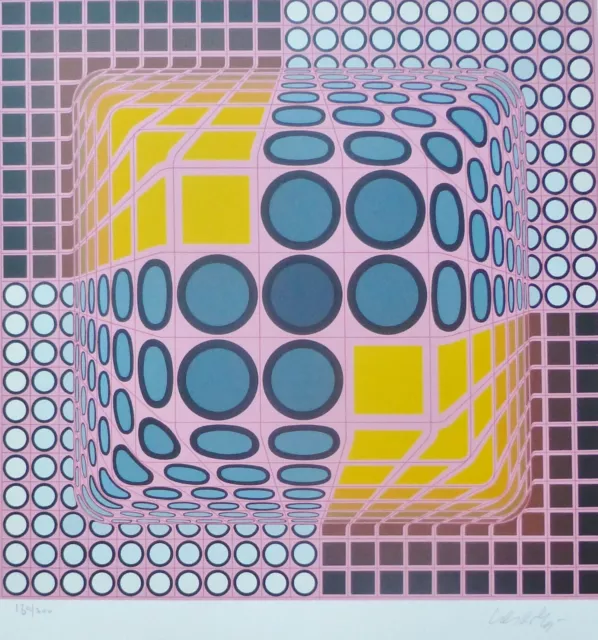 Victor Vasarely "Rosa Composición" Firmado a Mano Op Arte Edición Limitada