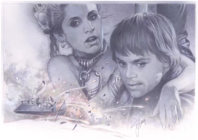 A Tsuneo Sanda Signed Original Luke & Slave Leia Art ~ Star Wars Celebration VII