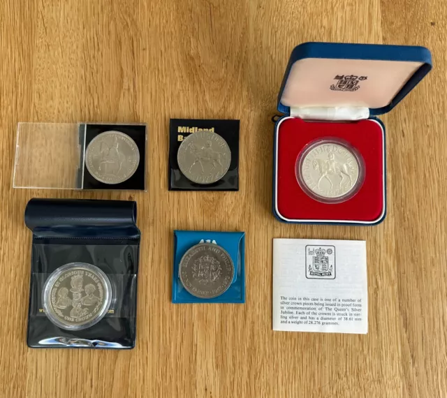 1977 Silver Jubilee proof silver (28g) crown coin and four other crown coins