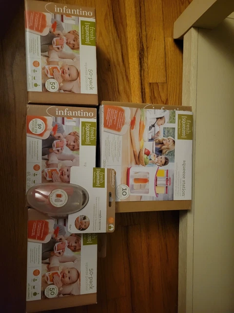 Infantino Fresh Squeeze Station lot w/3 boxes of 50 pouches (150 total) & spoons