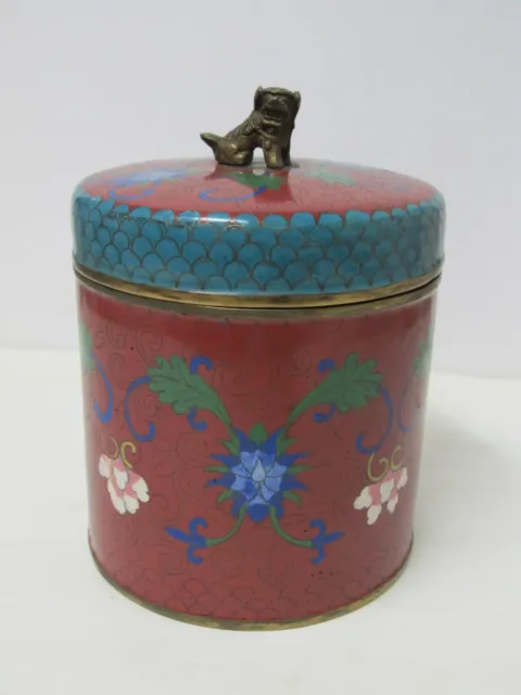 Large Antique Chinese Floral-design Cloisonne  Lidded Jar Or Tea Caddy  7 -3/8"