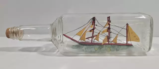 Vintage Ship in a Bottle Handmade 11" Triple Mast Red Sail Boat 4/5 Quart Liquor
