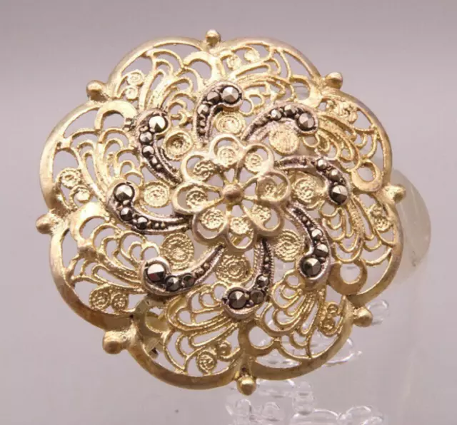 Brosche Spange Silber 835 wunderschöne vergoldete filligrane Blume Markasit