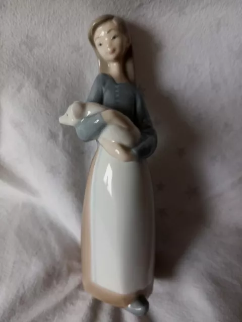 Vintage Lladro Porcelain Figurine Of Girl Holding A Piglet-17.5 Cm Tall