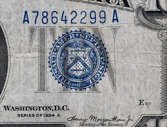 RARE FRONT PLATE 87 $10 1934A blue seal Silver Certificate A78642299A series A
