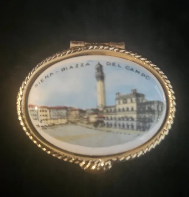 Vintage ITALIAN QUALITY Trinket Pill Box ~ Porcelain Top BRASS MOUNT "SIENNA"