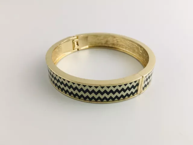 Vintage Bracelet Gold Tone Zigzag Black White Herringbone Womens Cuff Bangle