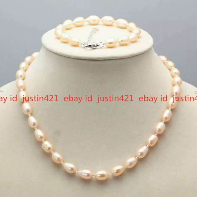 Pretty Real 7-8mm Pink Natural Freshwater Rice Pearl Necklace Bracelet Set AAA