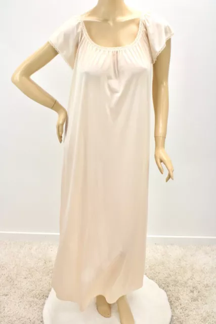 Vintage Miss Elaine Long Nightgown M Nylon Light Peach Stretch Lace Trim USA