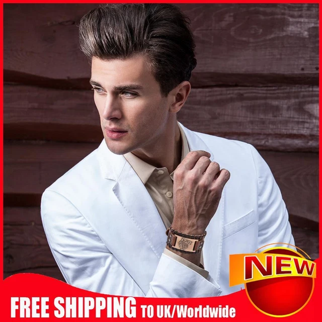 Alloy Men Wide Leather Bracelet Woven Bangle Fashion Wolf Head Decor Bracelets