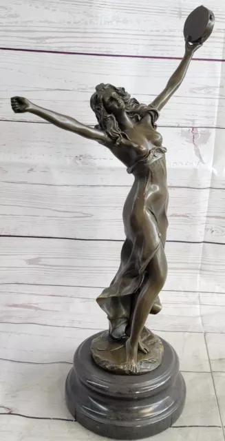 Large French Art Deco Nude Bronze Female Tambourine Dancer by Moreau Decor