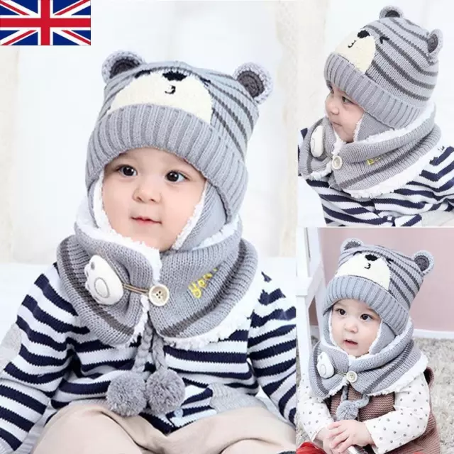 Cute Toddler Baby Boys Girl Warm Winter Hat Knit Beanie Cap Scarf Set UK