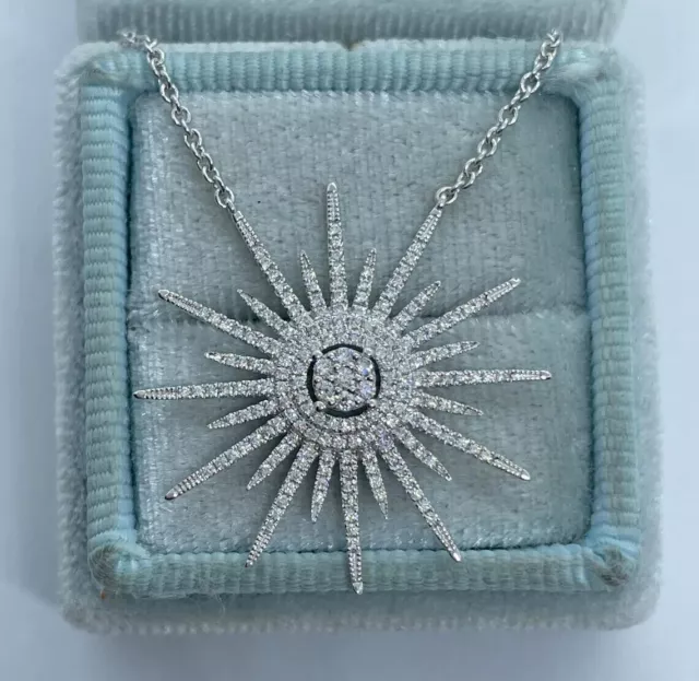 2Ct Round Cut Real Moissanite Starburst Pendant 14K White Gold Plated Free Chain