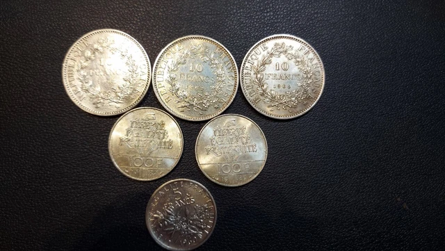lot de 3  x  10 F en argent hercule + 2 x 100 F argent + 1 pièce 5 F argent