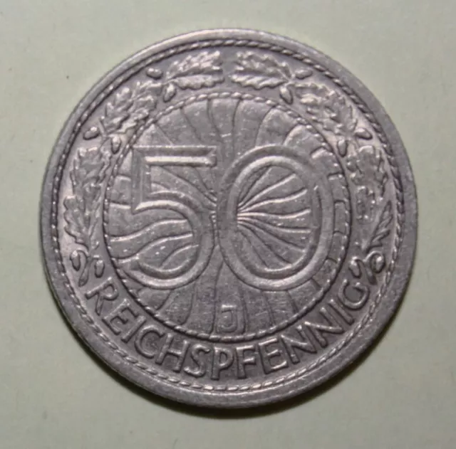 S12 - Germany 50 Pfennig 1927-J Almost Uncirculated Coin - Eagle
