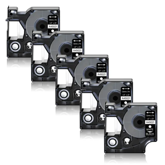 5PK White on Black 45021 Label Tape 0.47'' For DYMO D1 LabelManager 400 450D PC