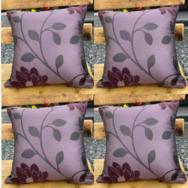 4er Set Lila Aubergine Blumenblume Jacquard Stoff Kissenbezüge - 18x18"