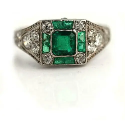 1930's Antique Art Deco Green Emerald With Old Mine Cut CZ Women's 925 Ring