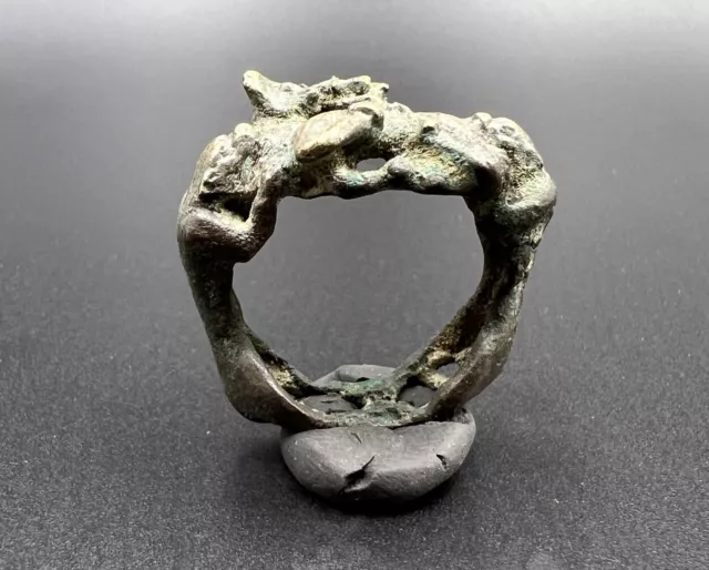 Ancient Near Eastern Bactrian Bronze Jewelry Ring With Animals Motif Shapes