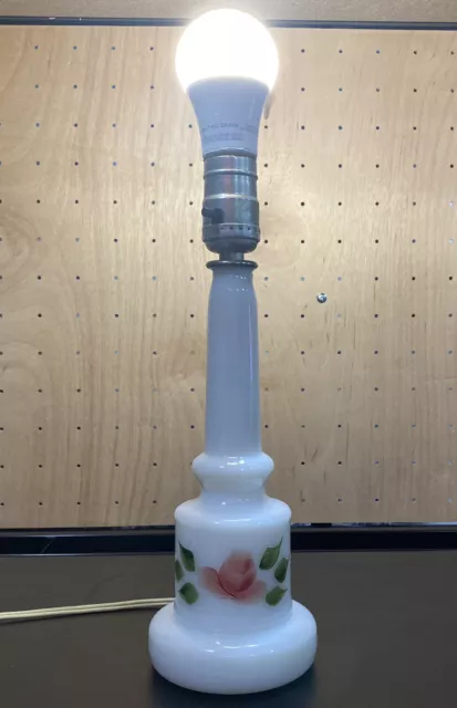 Hand Painted Milk Glass Lamp Roses Flowers Flower Petals 9 Inches Neck to Base