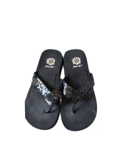 Yellow Box SANDY Black Sequin Flip Flops Thong Wedge Sandals Women Size 7.5