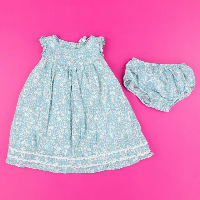 John Lewis Baby Girls Dress Outfit Set 12-18 Months Blue Cotton Birds Flowers