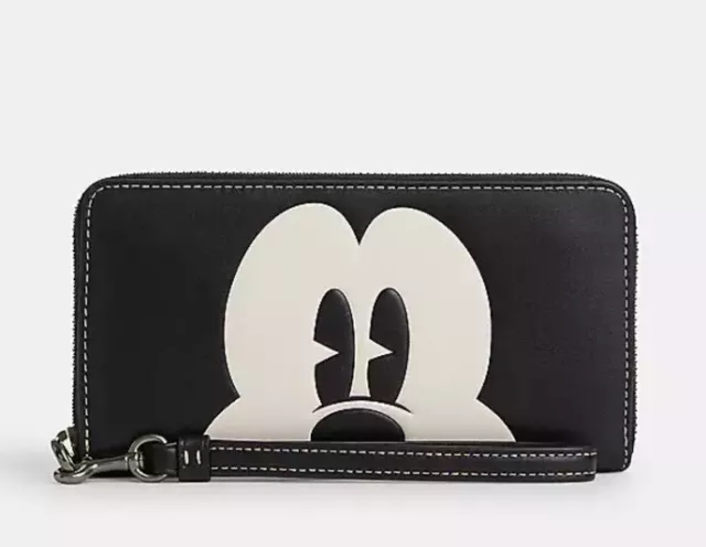 Coach Disney Mickey Mouse Face Wallet Long Zip Black Leather Wristlet Clutch NWT