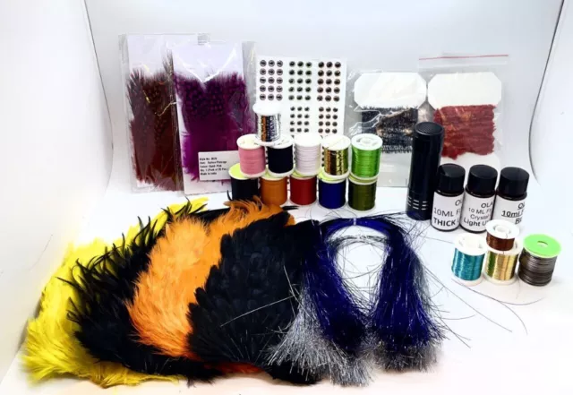 Fly Tying Material Kit in a carry bag, Feathers, Wires, Thread, Tinsel, Glue