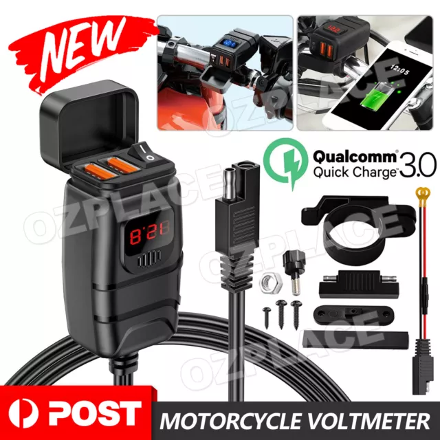 Dual USB Port Motorcycle Fast Charger Socket LED Voltmeter Display ON OFF Switch