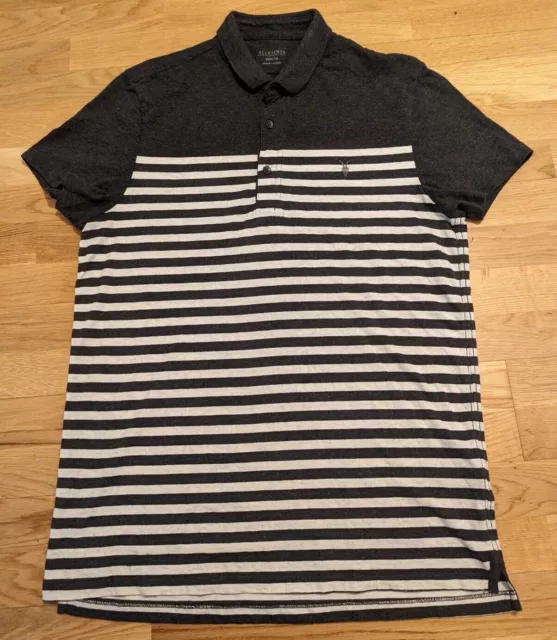 ALLSAINTS GREY STRIPED POLO T-SHIRT Tee Smart Collar Top Casual Mens Size Medium