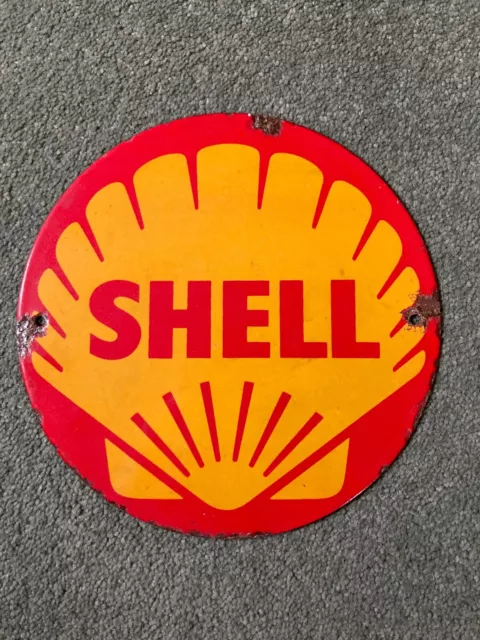 SHELL Petrol Advertising Vintage Metal Enamel Logo Sign 8" dia. genuine