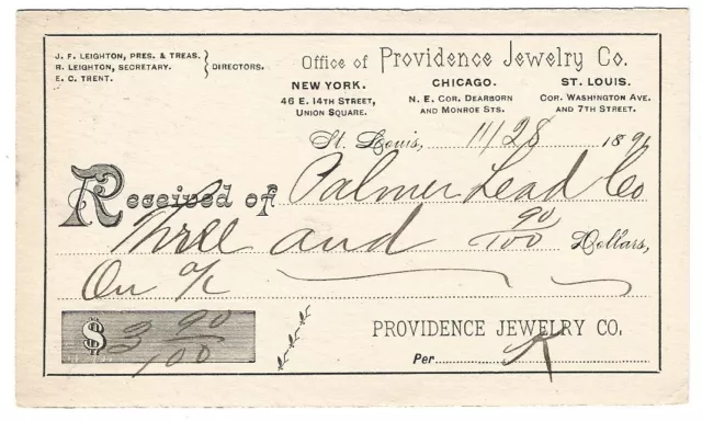 ST LOUIS MO/MISSOURI Postal Card PROVIDENCE JEWELRY CO. to PALMER Lead, MO 1891