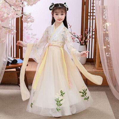 Chinese Kids Girls Floral Dress Embroidered Hanfu Tang Suit Ancient Costume Cute
