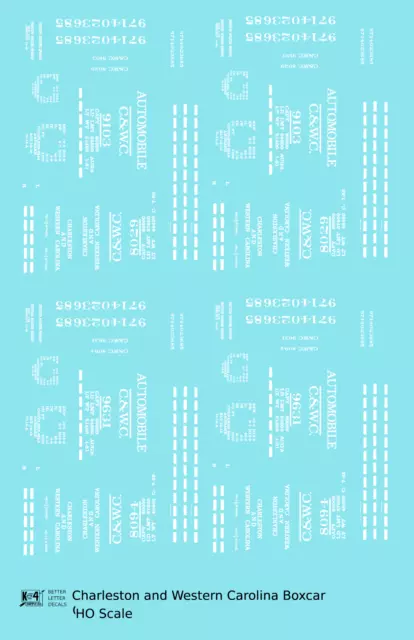 K4 HO Scale Decals Charleston and Western Carolina 40 Ft Boxcar White