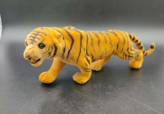Vintage Flocked Tiger Figure Orange Black Stripes Toy Animal Cat 9" flaws*