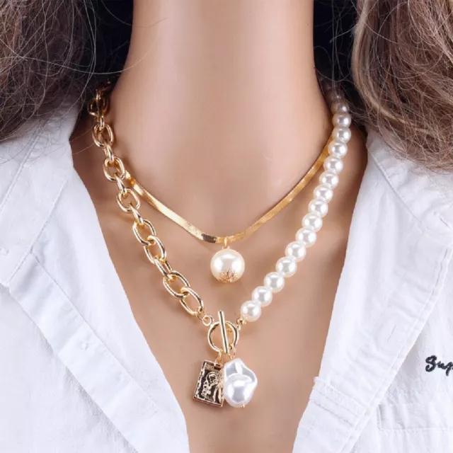 Gold Baroque Pearl Layered Chunky Chain Choker Necklace Jewellery Gift UK