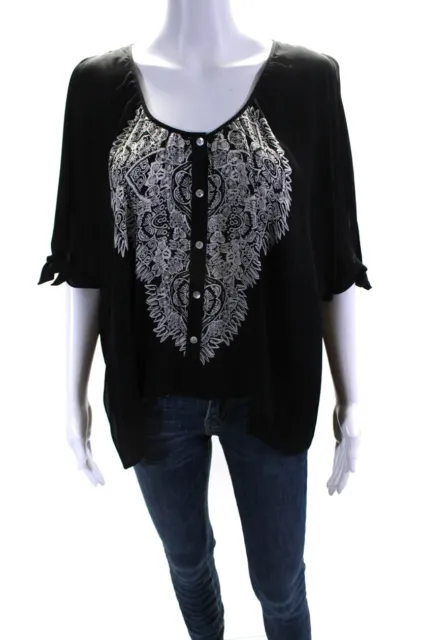 Madison Marcus Womens Silk Abstract Print Buttoned Blouse Top Black Size XS