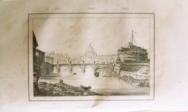 Stampa antica Castel Sant'Angelo Adriano Vaticano Tevere Roma Artaud Italia 1835