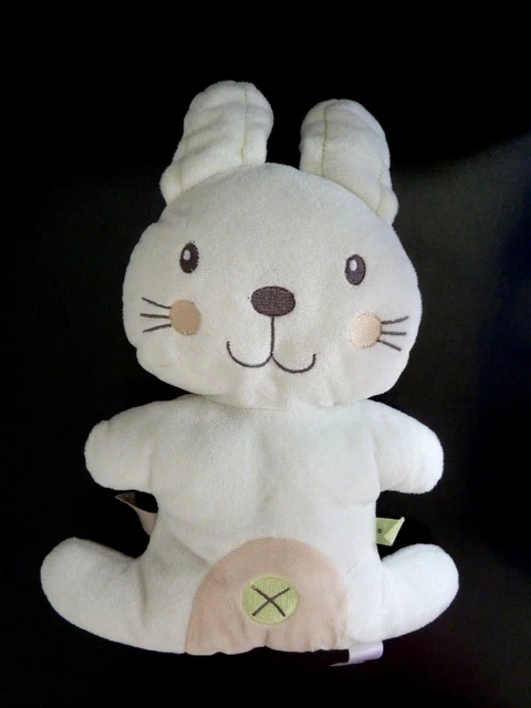 Z8- DOUDOU PELUCHE NICOTOY KIABI LAPIN BLANC ECRU VENTRE BEIGE VERT CROIX 30cms
