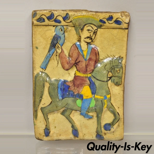 Antique Persian Iznik Qajar Style Ceramic Pottery Tile Horse Rider Blue Bird C5