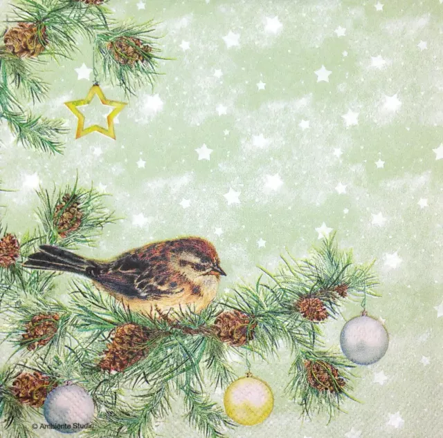 M797# 3x Single Paper Napkins For Decoupage Craft Christmas Winter Bird On Green