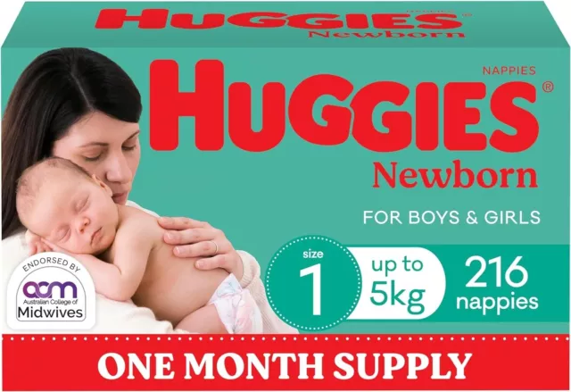 Huggies Newborn Nappies Size 1 (up to 5kg) 1 Month Supply 216 Count