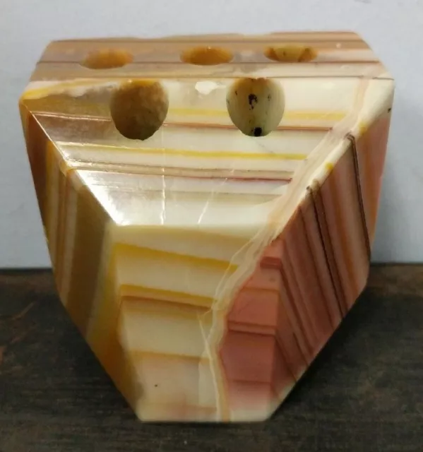 Vintage Large Heavy Carved Agate Stone Geometric 70's Pen Holder Paperweight