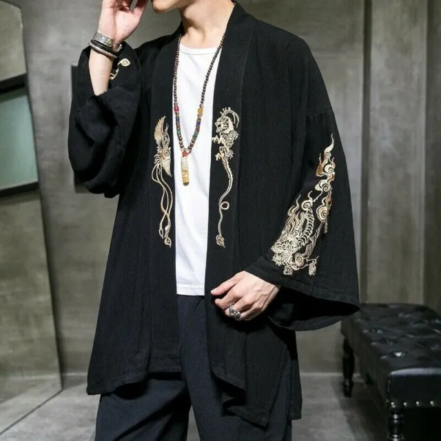 Mens Embroidery Dragon Japanese Kimono Jackets Outwear Cotton Loose Casual Coats