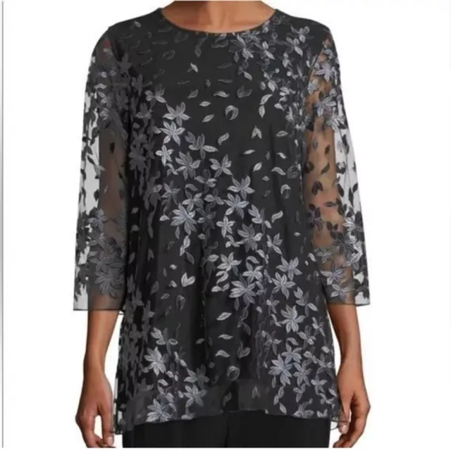 NWT Caroline Rose Floral Notes Embroidered Black and Grey Top Size LP