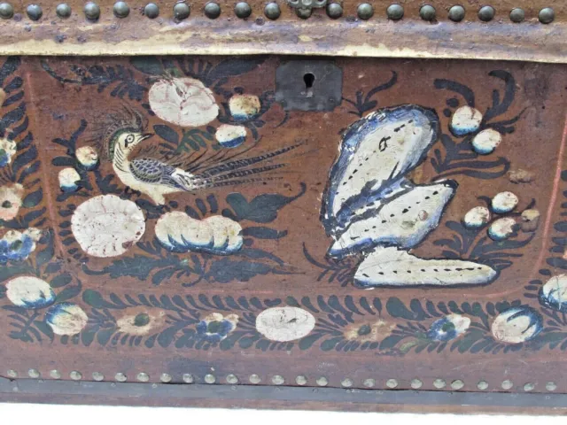 Antique Hand Painted Leather Camphor Wood  Trunk Mexico / China Trade 3