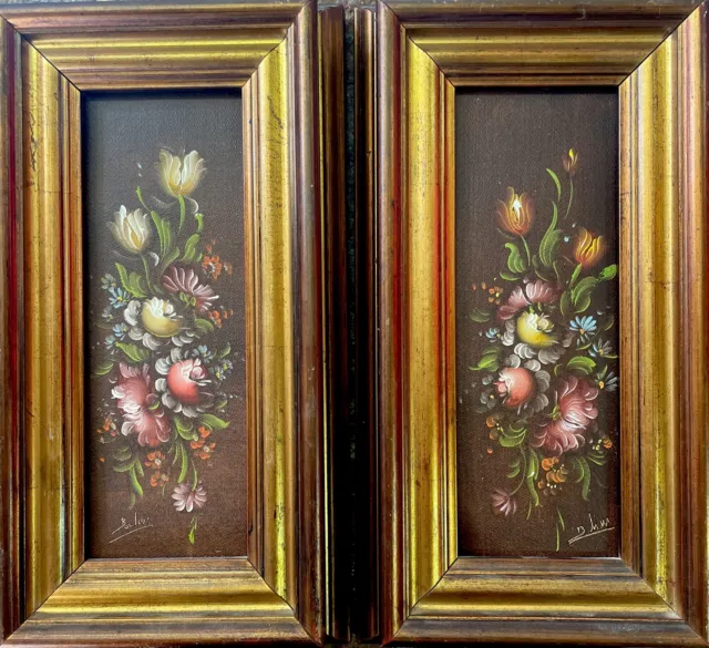 quadri coppia dipinti olio su tela natura morta fiori con cornice stile antico a