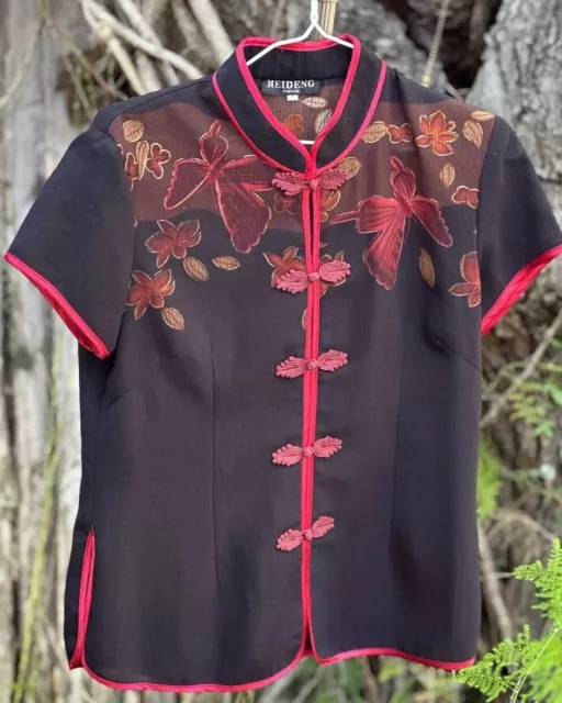 Vintage Oriental Women's Black & Red Cheongsam Blouse short sleeve Top Butterfly